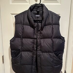 Lands End Down Feathers Black Nylon Puffer Vest Full Metal Snaps Mens Size Large